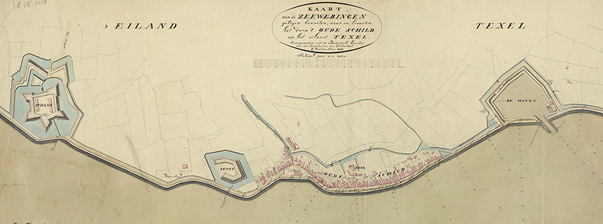 InventarisnummerNL-HlmNHA_269_1110SoortTekeningBeschrijvingKaart van de zeeweringen gelegen bewesten, voor en beoosten het dorp 't Oude-Schild op het eiland Texel Met aantekeningen van gedane peilingen.1 kaart: handschrift, ingekleurd; Overgenomen uit de Kadastrale Kaarten door den opzigter van den Waterstaat C. van der SterrVervaardiger(s)Sterr, Cornelis van der (werkzaam 1831-1866)Datering1838 - 1838