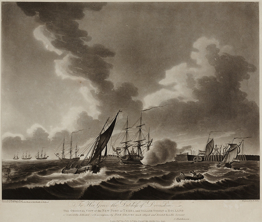 NL_HlmNHA_359_4666SoortPrentBeschrijvingOp de voorgrond diverse schepen. Geheel rechts de toegang tot de in 1780 in gebruik genomen haven. Op de achtergrond Oudeschild. 1 topogr. prent: ets, aquatint en gravure l.o.: Drawn by S. Hutchinson Esgr., Agent & c, & c, to His Majestys Packet Boats at the Brielle in Holland.; r.o.: Engraved by F. Jukes. 377 x 493 mmOpmerkingenTo Her Grace the Dutchess of Devonshire This Original view of the New Port of Texel and Village T'Shilt in Holland is respectfully dedicated (with permission) by Her Graces much obliged and devoted humble Servant S: Hutchinson.-London Pub[lishe]d Jan. 1st [Gezicht op de nieuwe haven van Texel en het dorp Oude Schild] Texel 028Vervaardiger(s)Hutchinson, Samuel [werkzaam 1770- na 1802], del.Jukes, Francis (1745/47-1812), sc.Datering1810 - 1810
