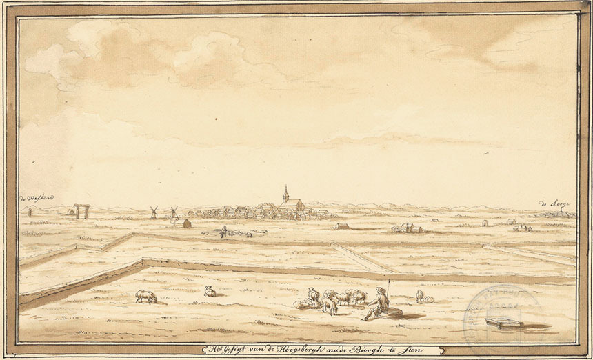 InventarisnummerNL-HlmNHA_359_3058SoortFotoBeschrijvingGezicht op Den Burg vanaf de Hogeberg, vanuit het oosten, rechts de Koog. Op de voorgrond een herder met een schaapskudde. 1 topogr. tek.: pen in zwart, penseel in bruin, over schets in grafiet. z.s. 146 x 241 mmOpmerkingenWatermerk: contramerk IV [illedary] \