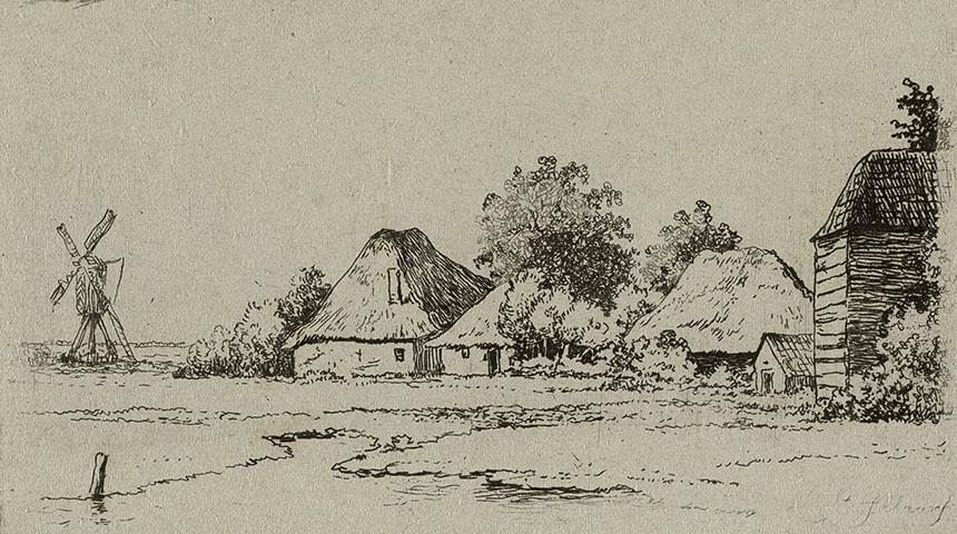 InventarisnummerNL-HlmNHA_1477_53012056SoortPrentBeschrijvingLandschap met boerderijen en een molen.Prent uit de tweede serie met landschappen getiteld Etsen door C. Steffelaar.Gesigneerd.Vervaardiger(s)Steffelaar, Cornelis (1797-1861)Datering1845 - 1845
